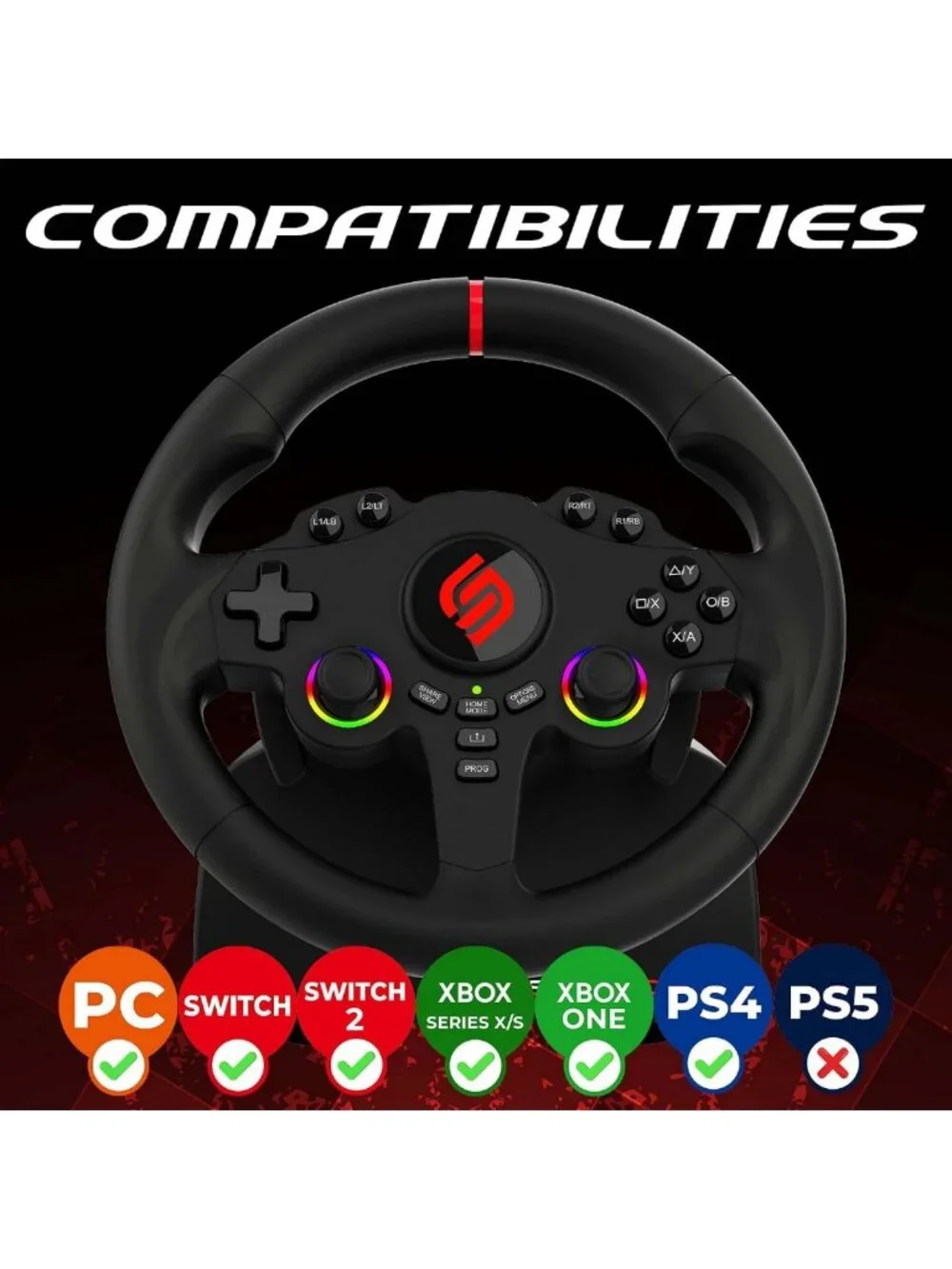 RGB Gaming Steering Wheel with Switch for PS4, Xbox & PC - Racing Accessory